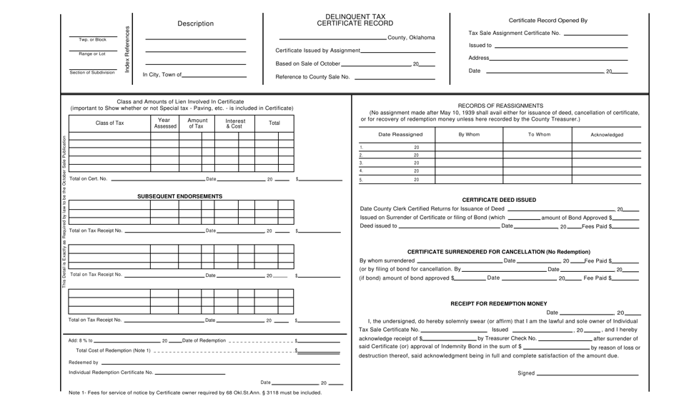 Form S.A. I.233 Delinquent Tax Sale County Record - Oklahoma, Page 2