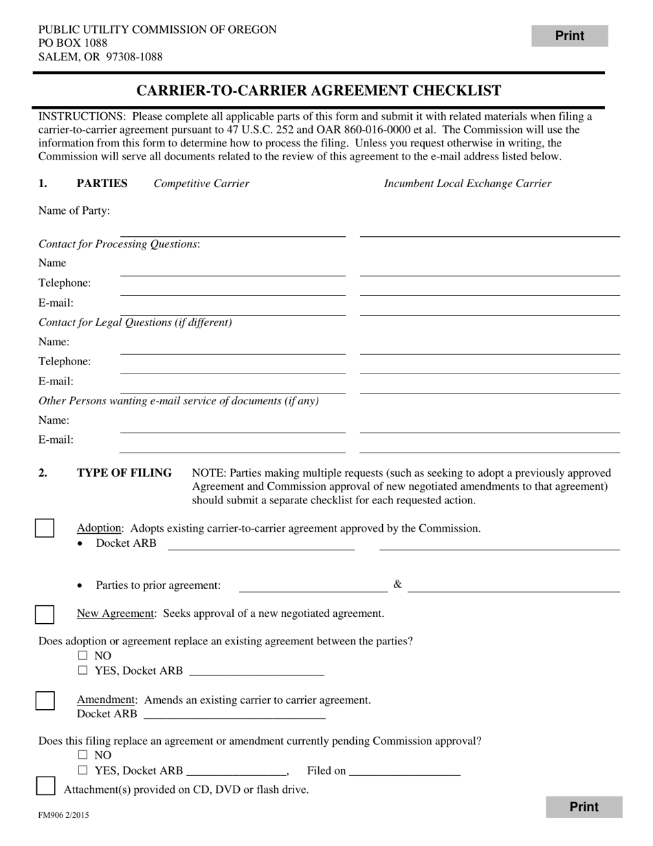 Form FM906 Carrier-To-Carrier Agreement Checklist - Oregon, Page 1