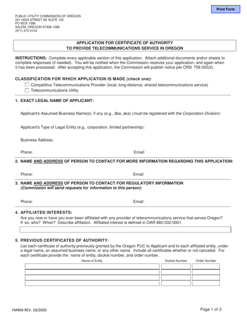 Form FM904 Application for Certificate of Authority to Provide Telecommunications Service in Oregon - Oregon