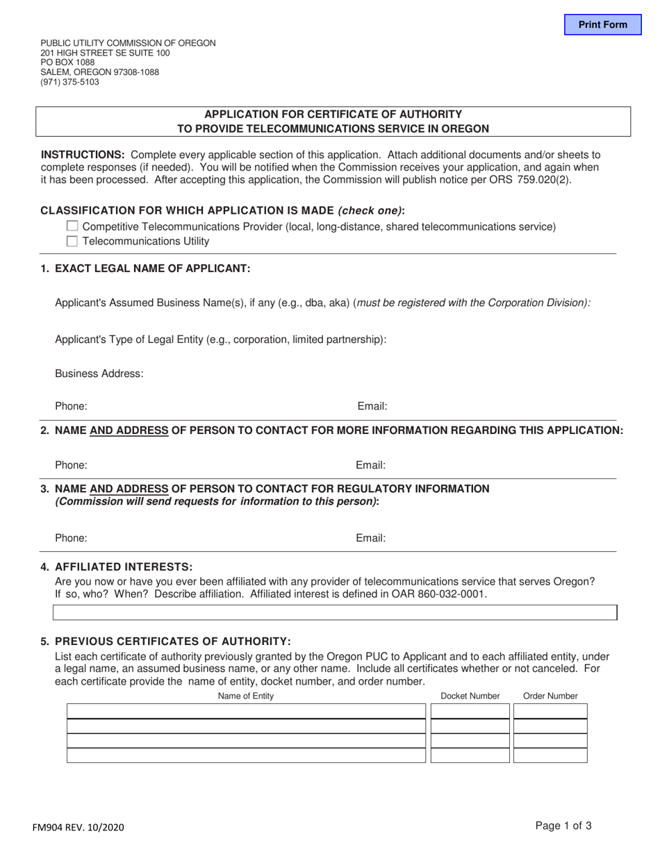 Form FM904 Application for Certificate of Authority to Provide Telecommunications Service in Oregon - Oregon, Page 1