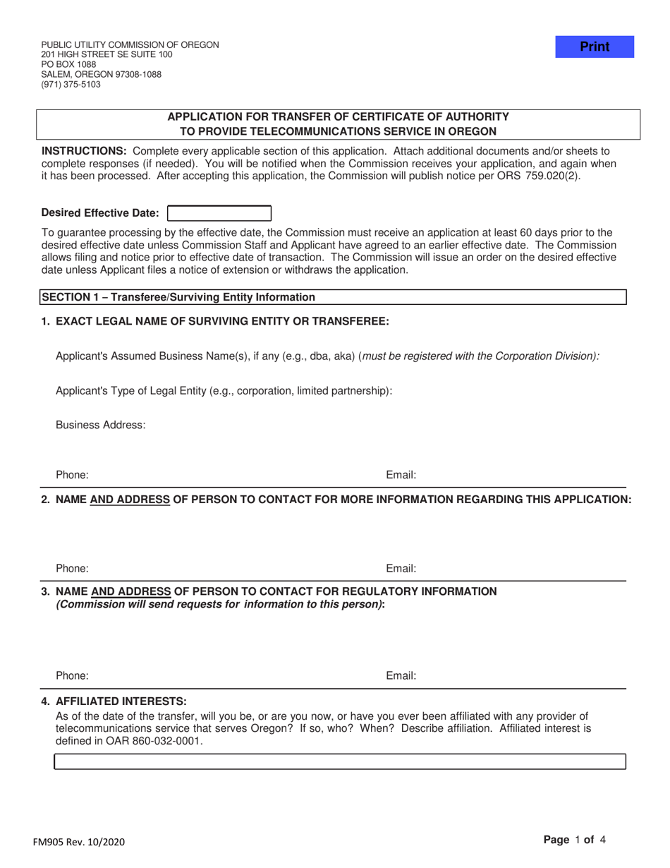 Form FM905 Application for Transfer of Certificate of Authority to Provide Telecommunications Service in Oregon - Oregon, Page 1