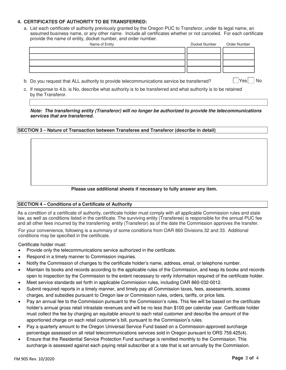 Form FM905 Application for Transfer of Certificate of Authority to Provide Telecommunications Service in Oregon - Oregon, Page 3