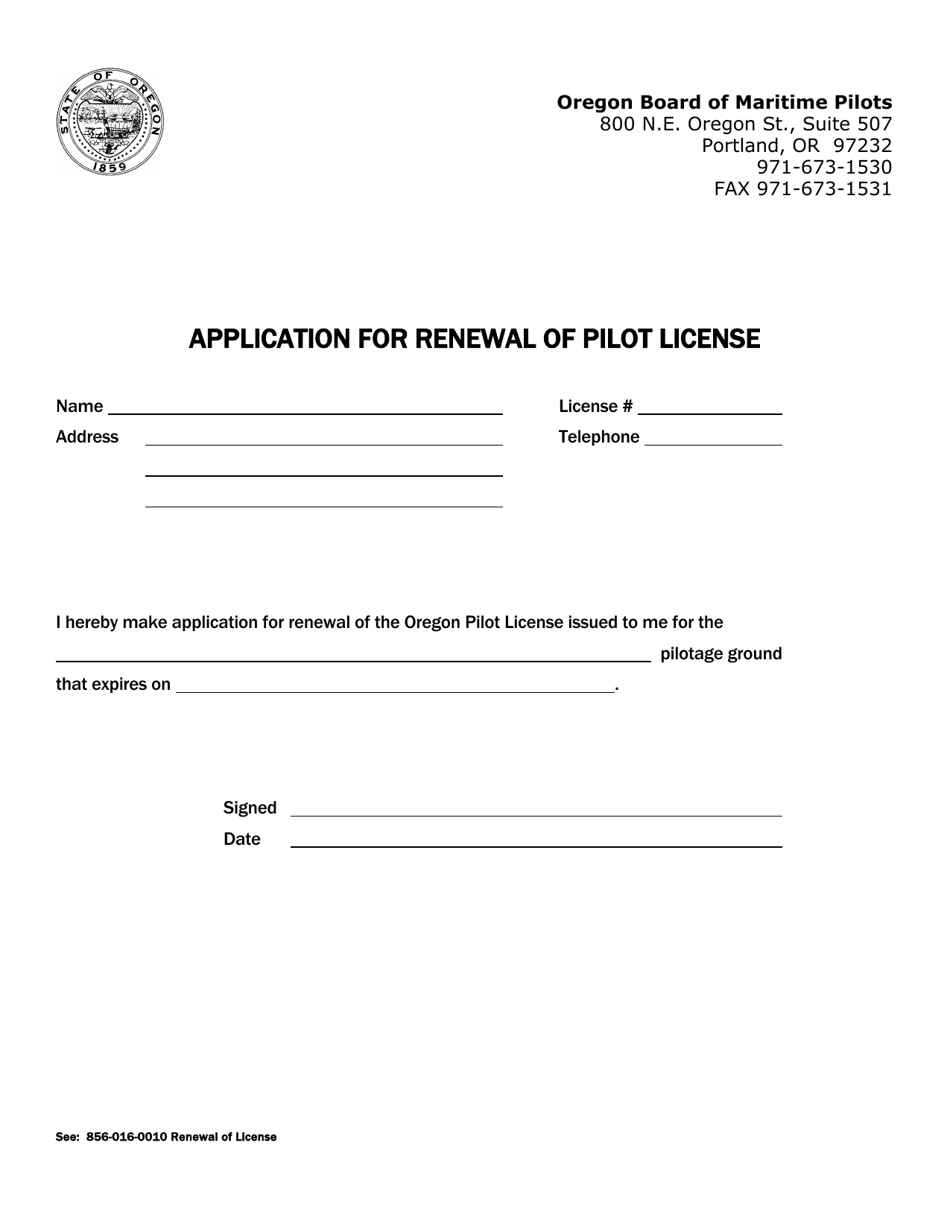 Application for Renewal of Pilot License - Oregon, Page 1