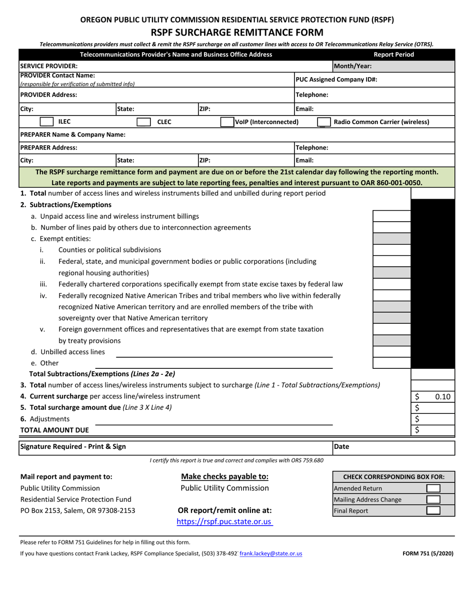 Form 751 Rspf Surcharge Remittance Form - Oregon, Page 1