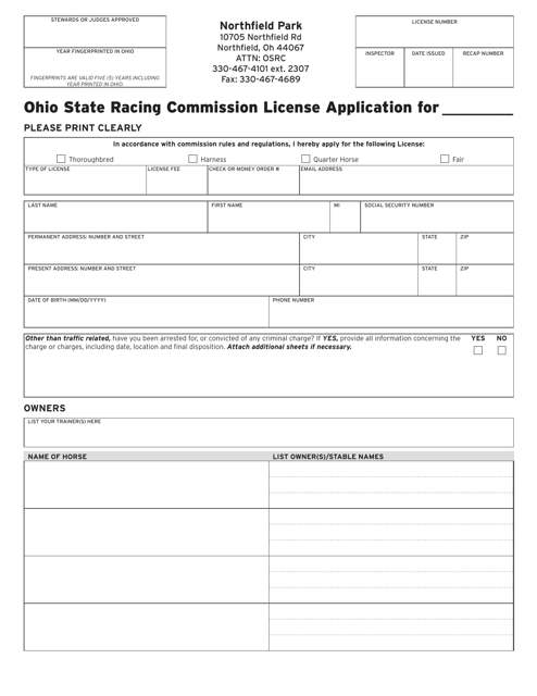 Form OSRC1000 Ohio State Racing Commission License Application - Northfield Park - Ohio