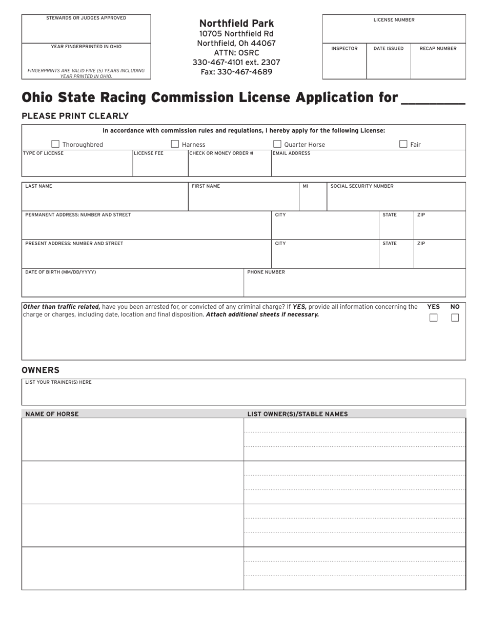 Form OSRC1000 Ohio State Racing Commission License Application - Northfield Park - Ohio, Page 1