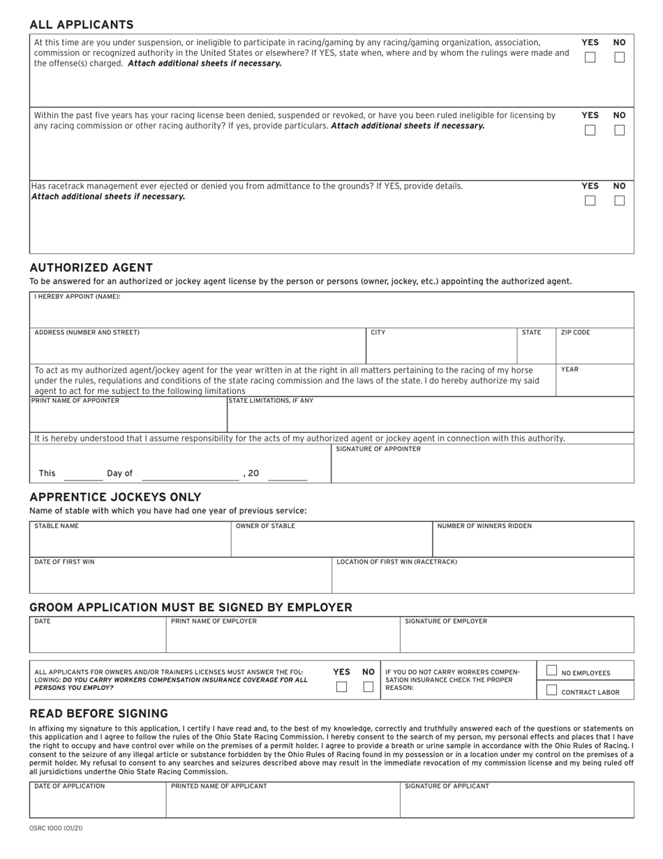 Form OSRC1000 Ohio State Racing Commission License Application - Northfield Park - Ohio, Page 2