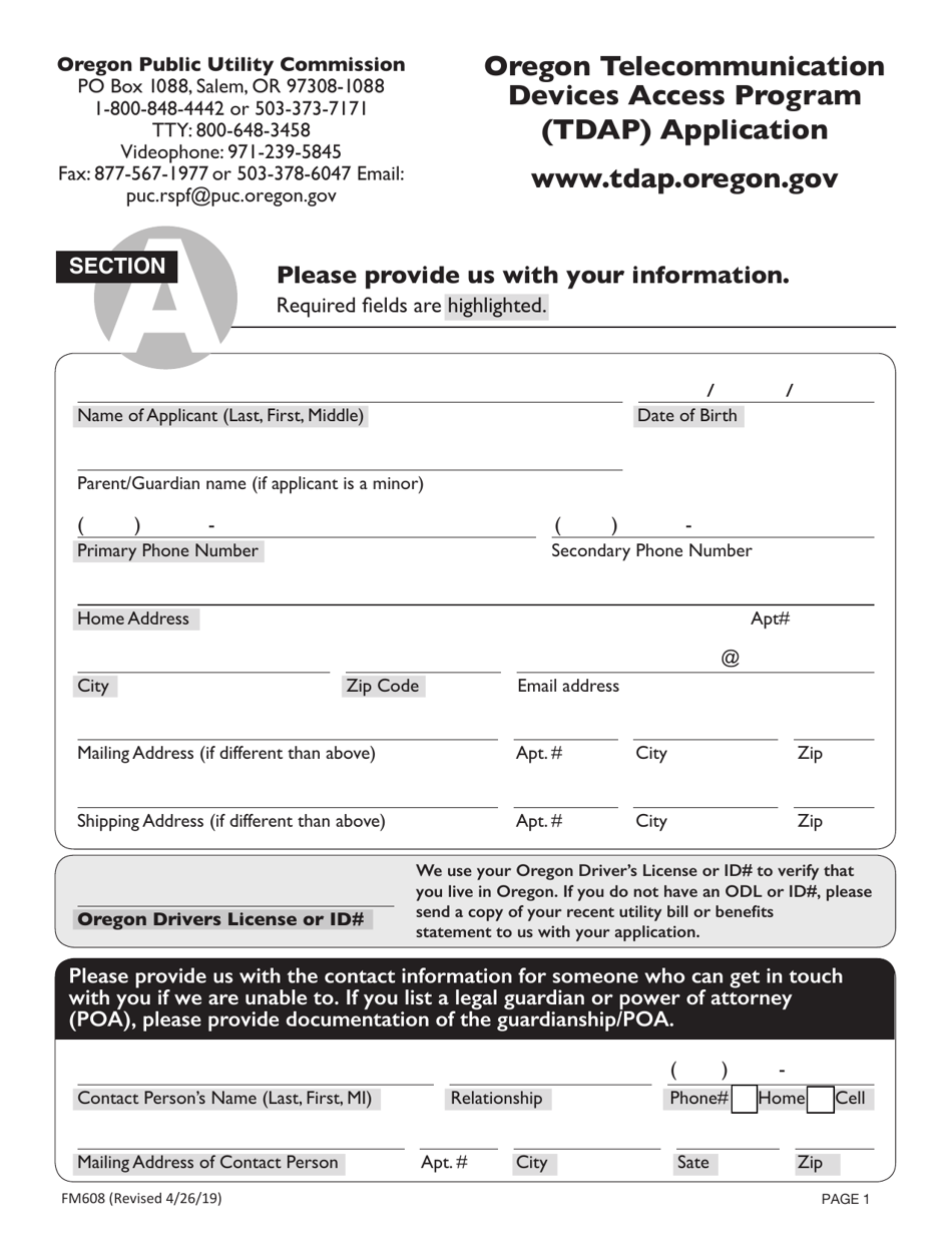 Form FM608 Oregon Telecommunication Devices Access Program (Tdap) Application - Oregon, Page 1