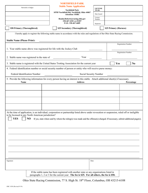 ORC Form 1038 Stable Name Application - Northfield Park - Ohio