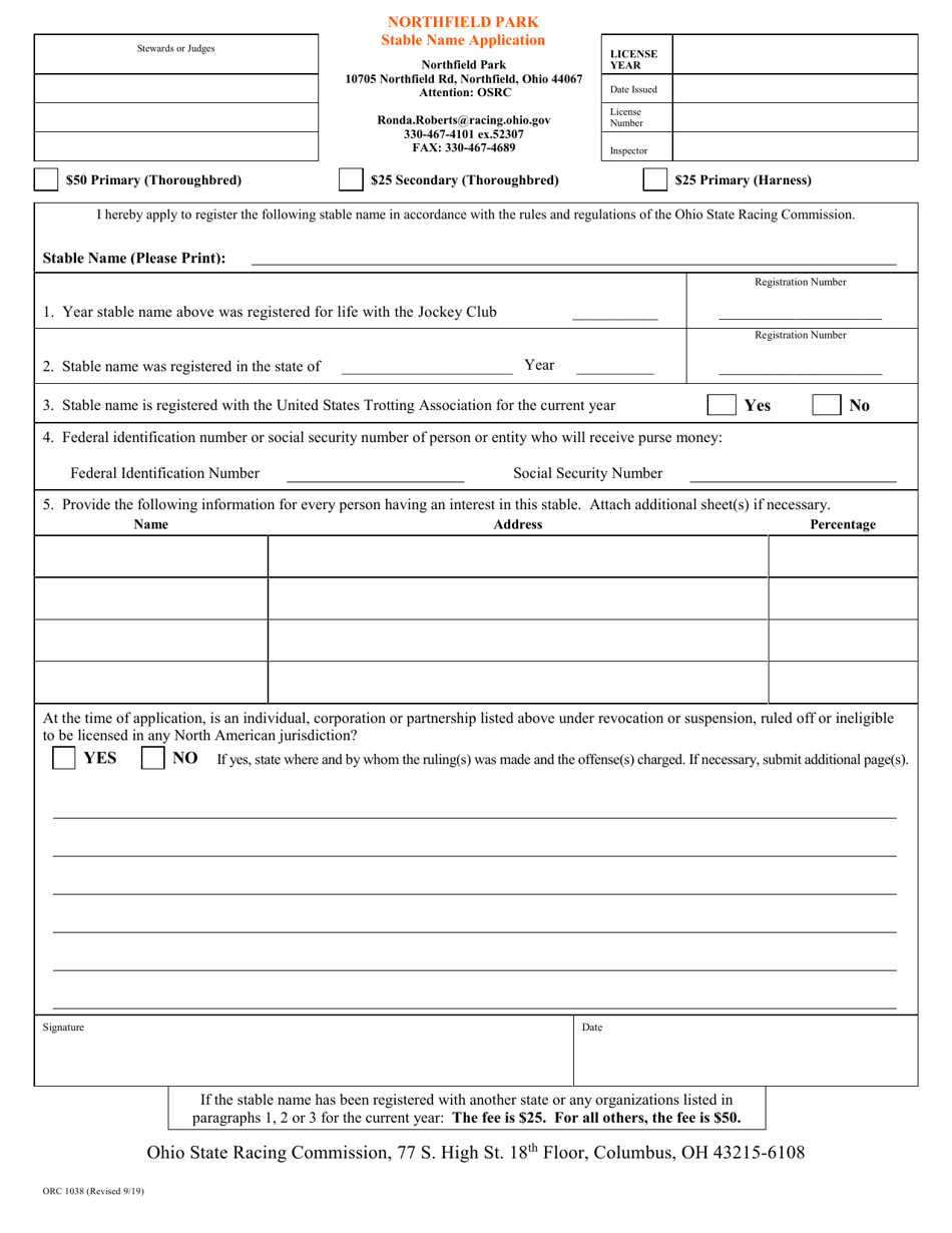 ORC Form 1038 Stable Name Application - Northfield Park - Ohio, Page 1
