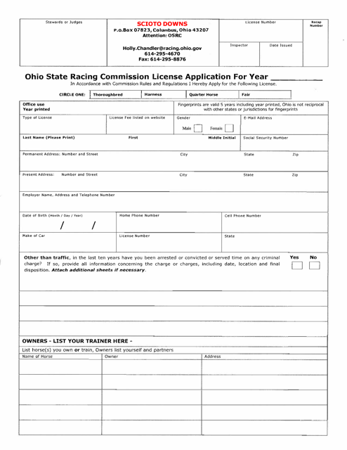 Form OSRC1000 License Application - Scioto Downs - Ohio