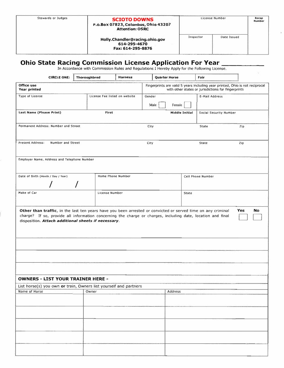 Form OSRC1000 License Application - Scioto Downs - Ohio, Page 1