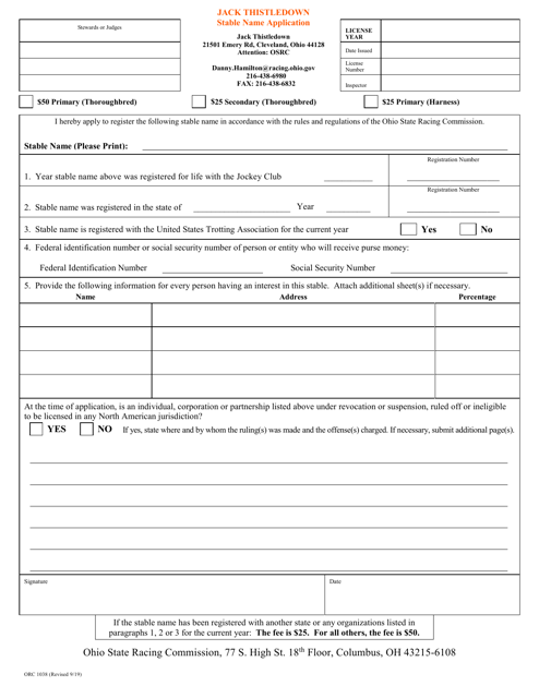 ORC Form 1038 Stable Name Application - Jack Thistledown - Ohio