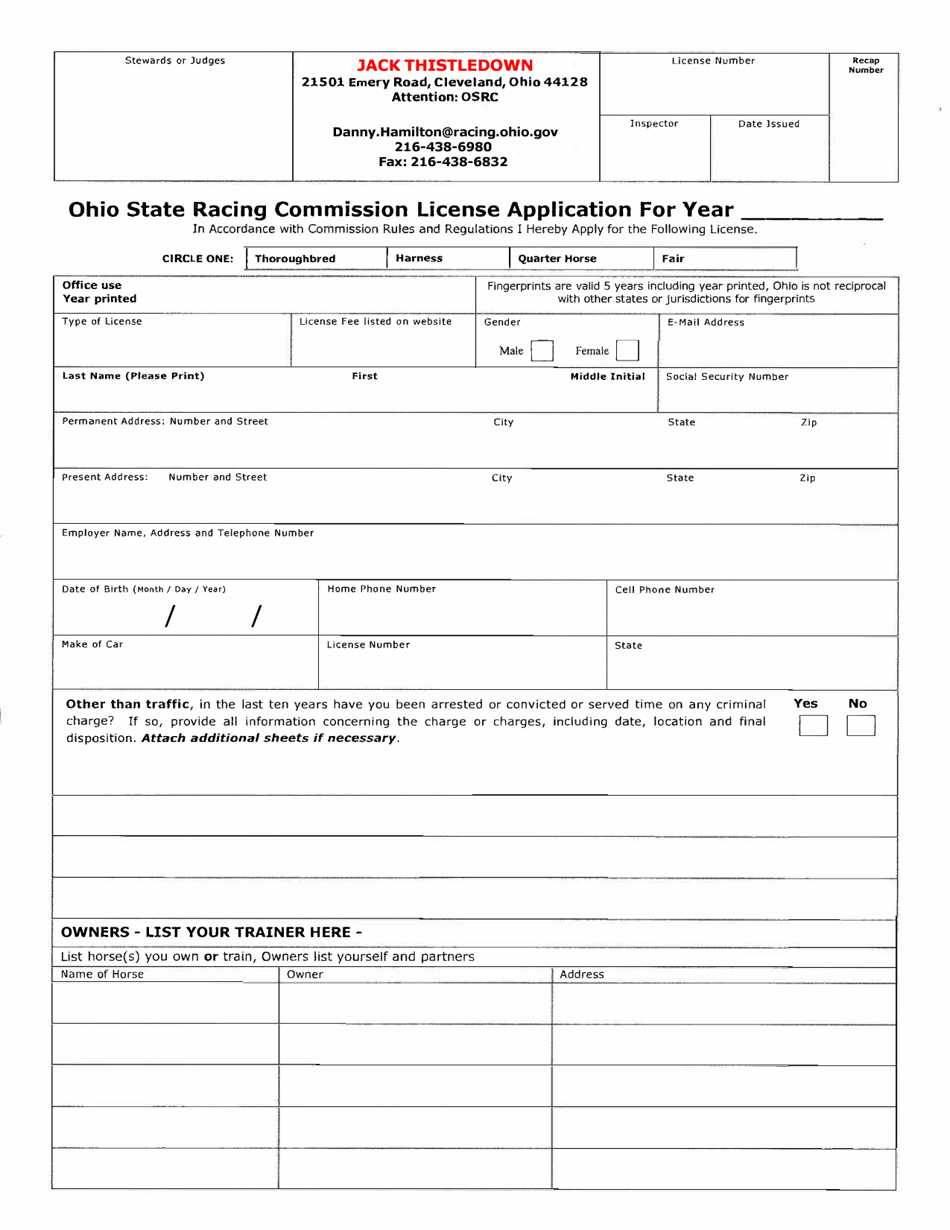 Form OSRC1000 License Application - Jack Thistledown - Ohio, Page 1