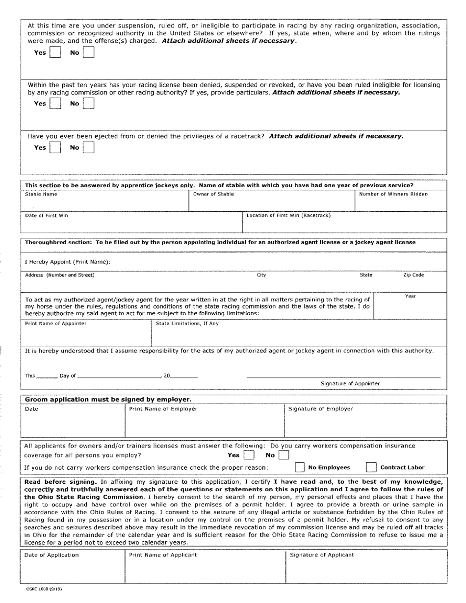 Form OSRC1000 License Application - Jack Thistledown - Ohio, Page 2