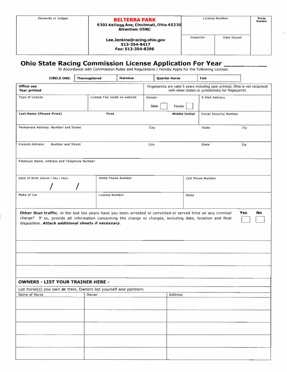 Form OSRC1000 License Application - Belterra Park - Ohio, Page 1