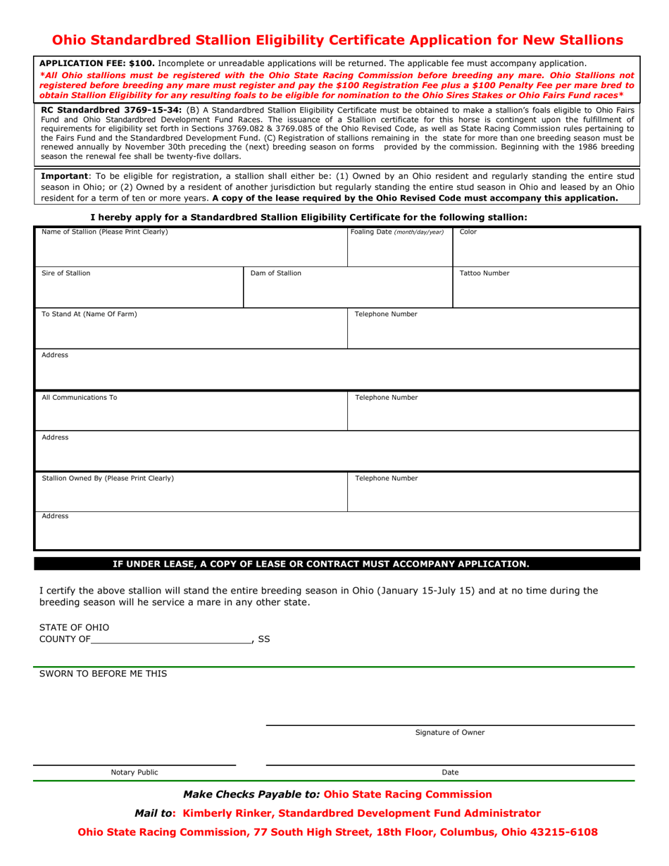Ohio Standardbred Stallion Eligibility Certificate Application for New Stallions - Ohio, Page 1
