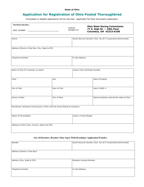 Application for Registration of Ohio-Foaled Thoroughbred - Ohio