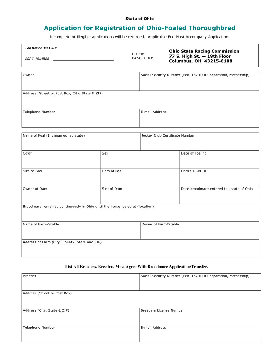 Application for Registration of Ohio-Foaled Thoroughbred - Ohio, Page 1