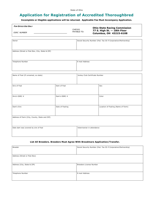 Application for Registration of Accredited Thoroughbred - Ohio