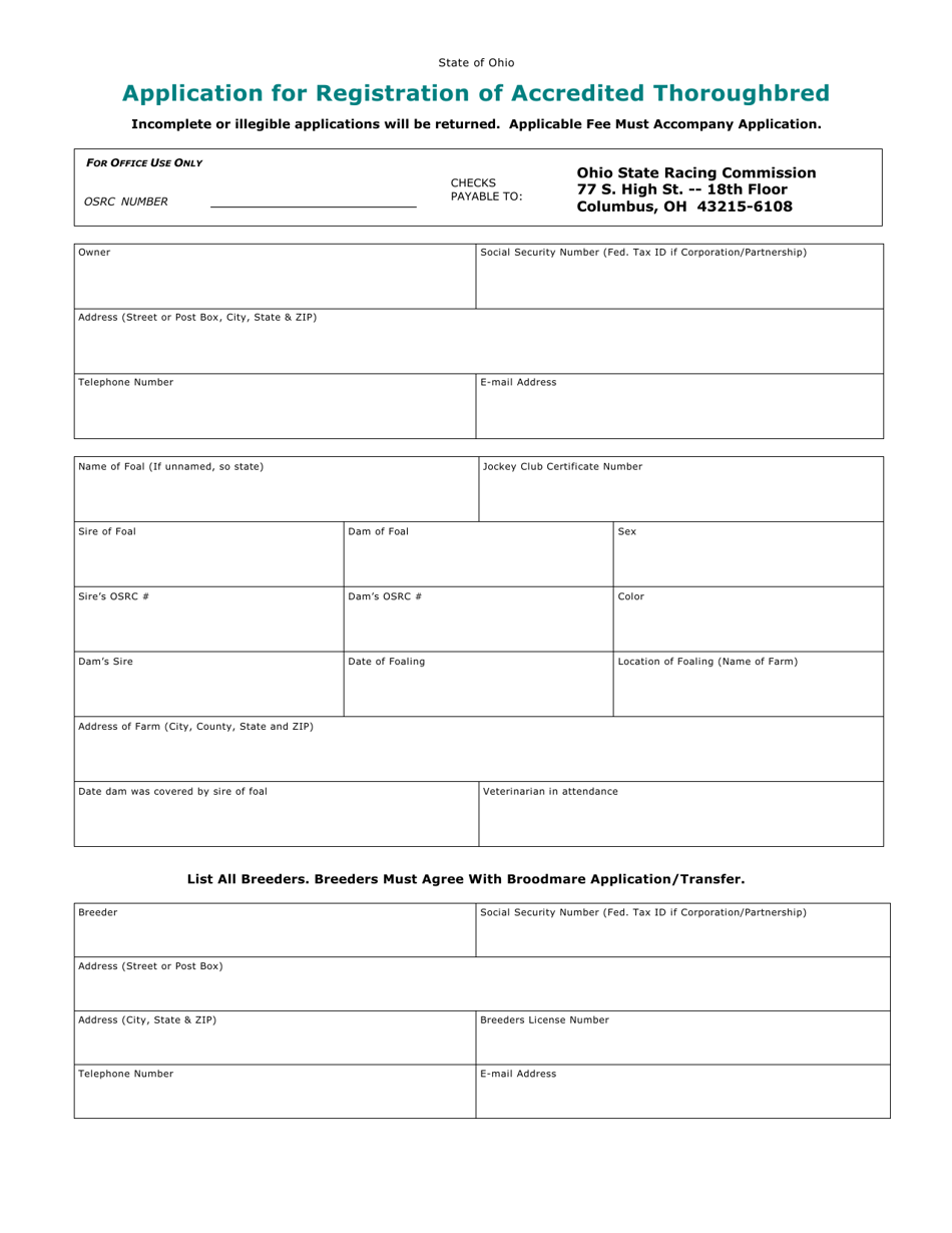 Application for Registration of Accredited Thoroughbred - Ohio, Page 1