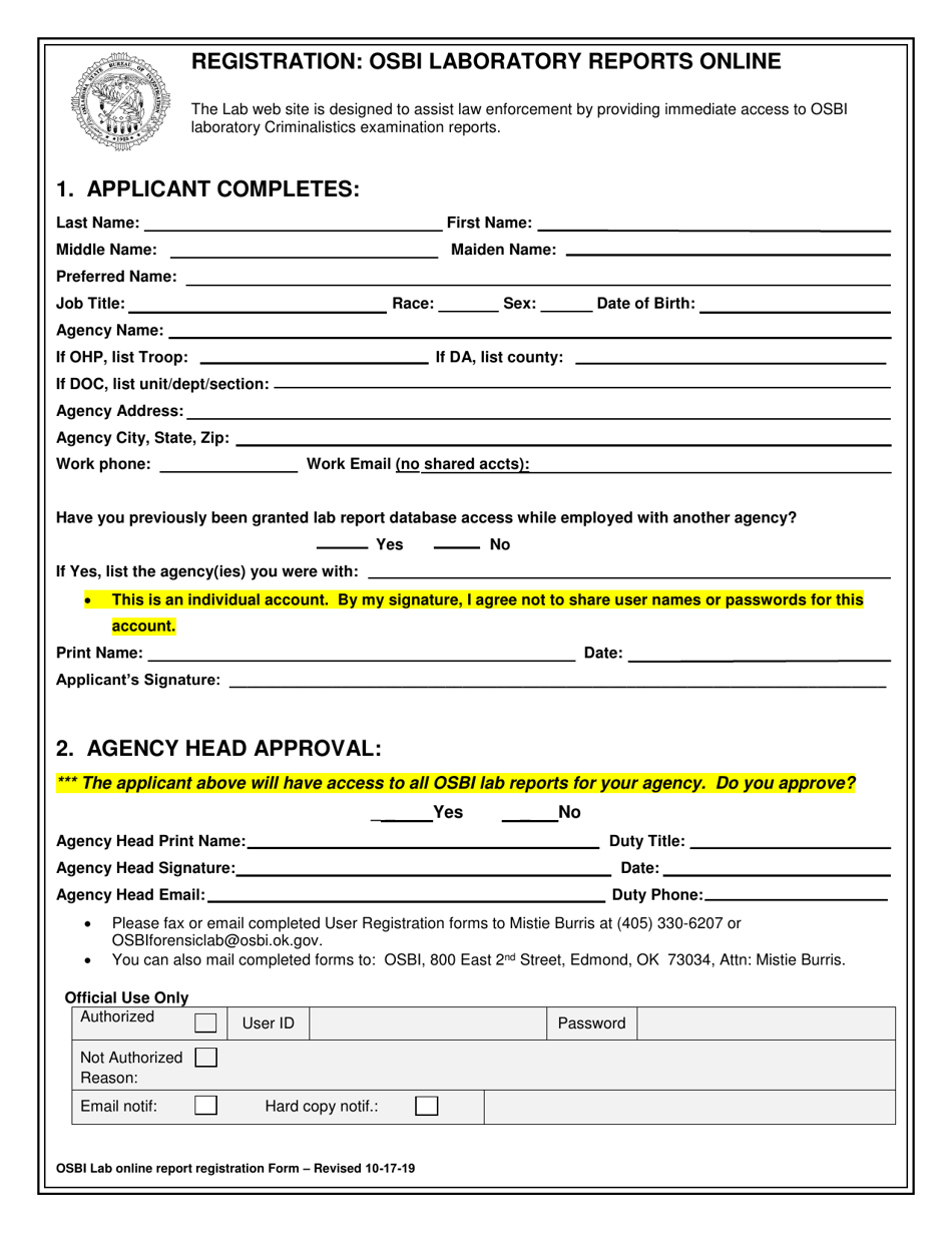 Osbi Laboratory Report Registration Form - Oklahoma, Page 1