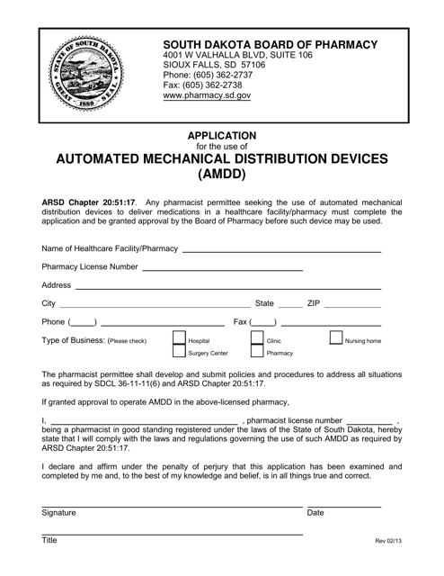 Application for the Use of Automated Mechanical Distribution Devices (Amdd) - South Dakota Download Pdf