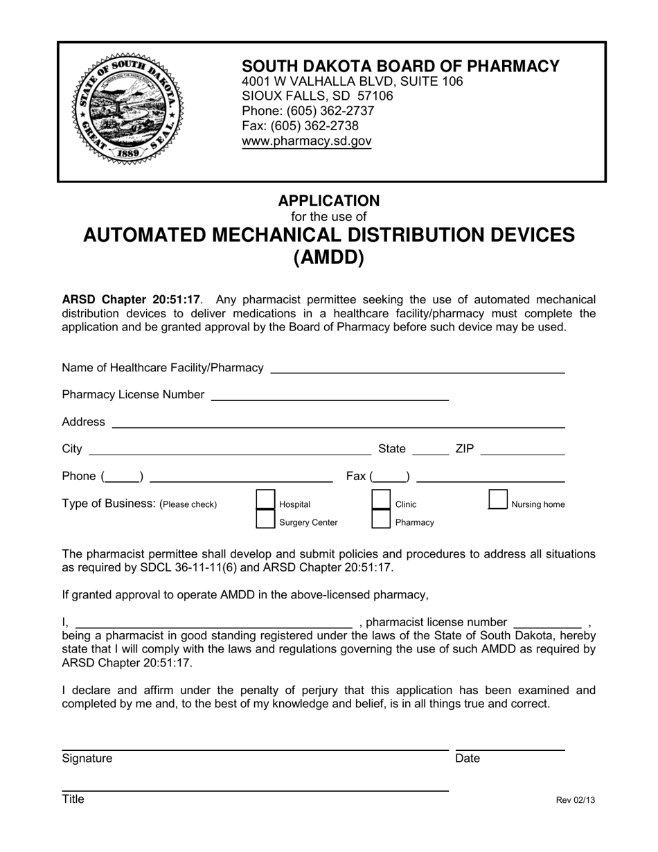 Application for the Use of Automated Mechanical Distribution Devices (Amdd) - South Dakota, Page 1