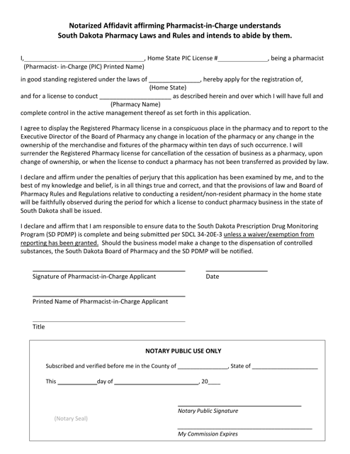 Notarized Affidavit Affirming Pharmacist-In-charge Understands South Dakota Pharmacy Laws and Rules and Intends to Abide by Them - South Dakota Download Pdf