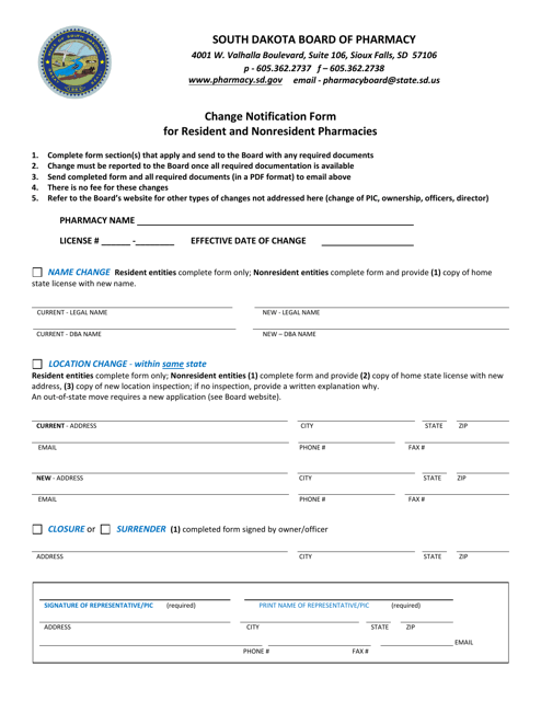 Change Notification Form for Resident and Nonresident Pharmacies - South Dakota Download Pdf