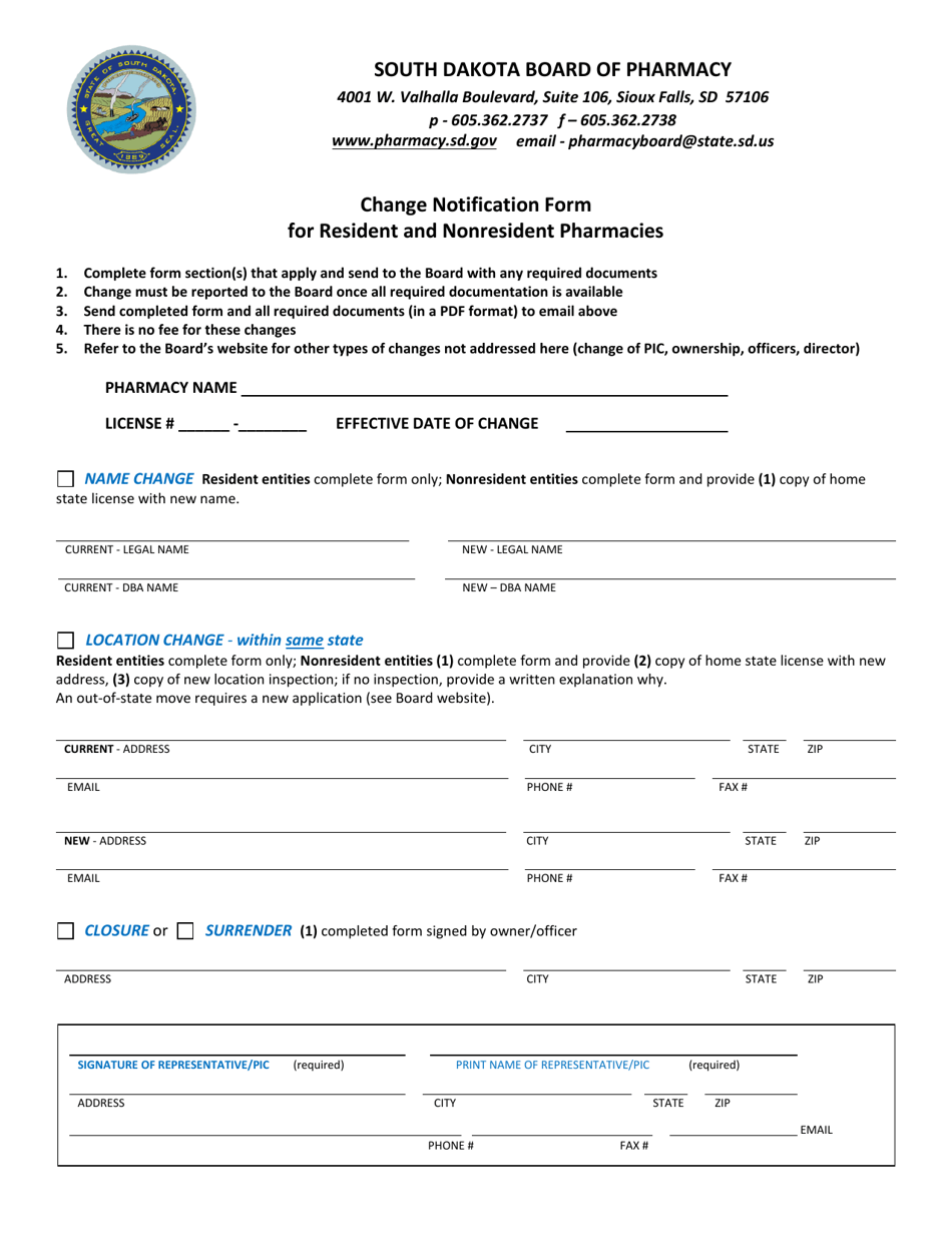 Change Notification Form for Resident and Nonresident Pharmacies - South Dakota, Page 1