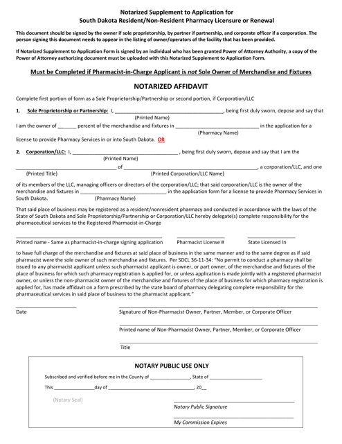 Notarized Supplement to Application for South Dakota Resident / Non-resident Pharmacy Licensure or Renewal - South Dakota Download Pdf