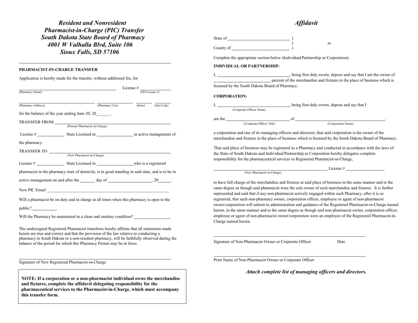 Pharmacist in Charge (Pic) Change Form - South Dakota Download Pdf
