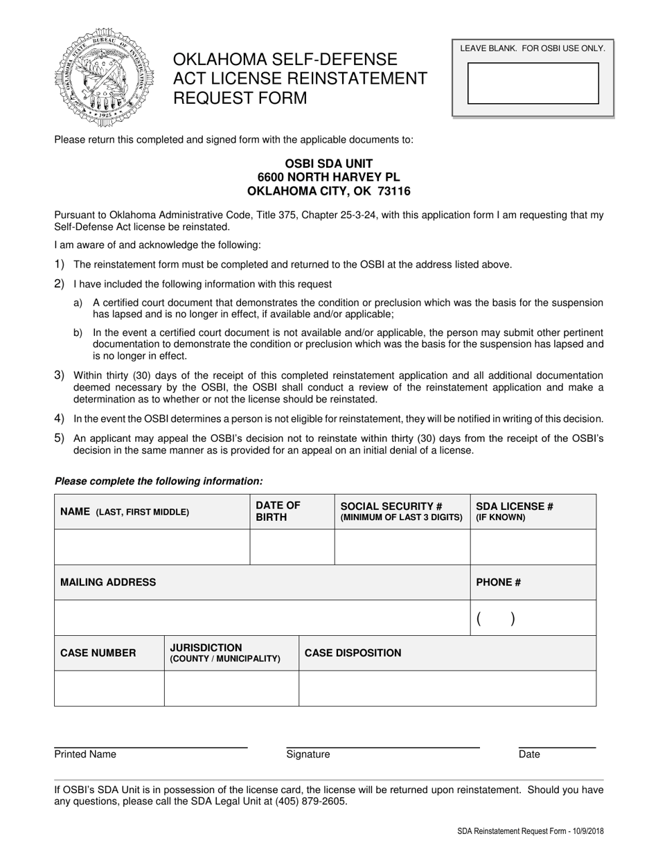 Oklahoma Self-defense Act License Reinstatement Request Form - Oklahoma, Page 1