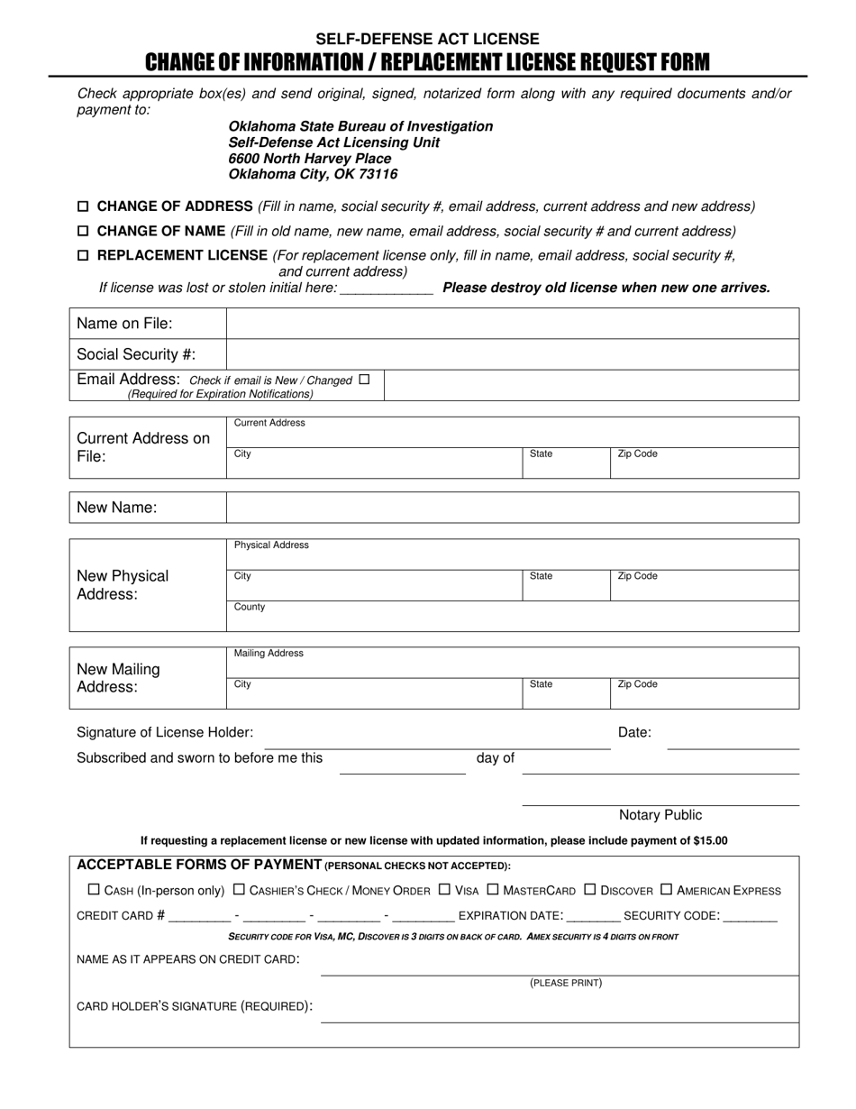 Change of Information / Replacement License Request Form - Oklahoma, Page 1