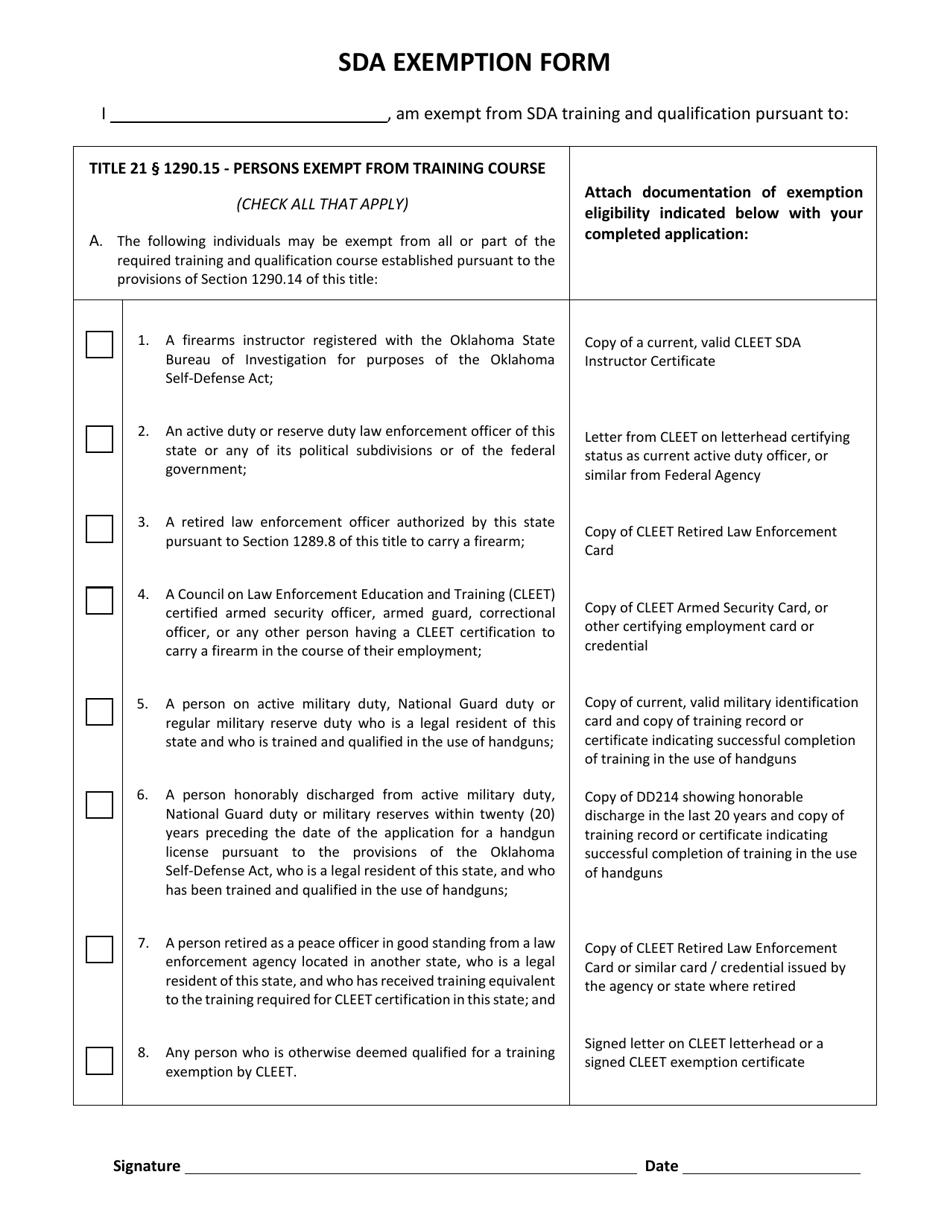 Sda Exemption Form - Oklahoma, Page 1