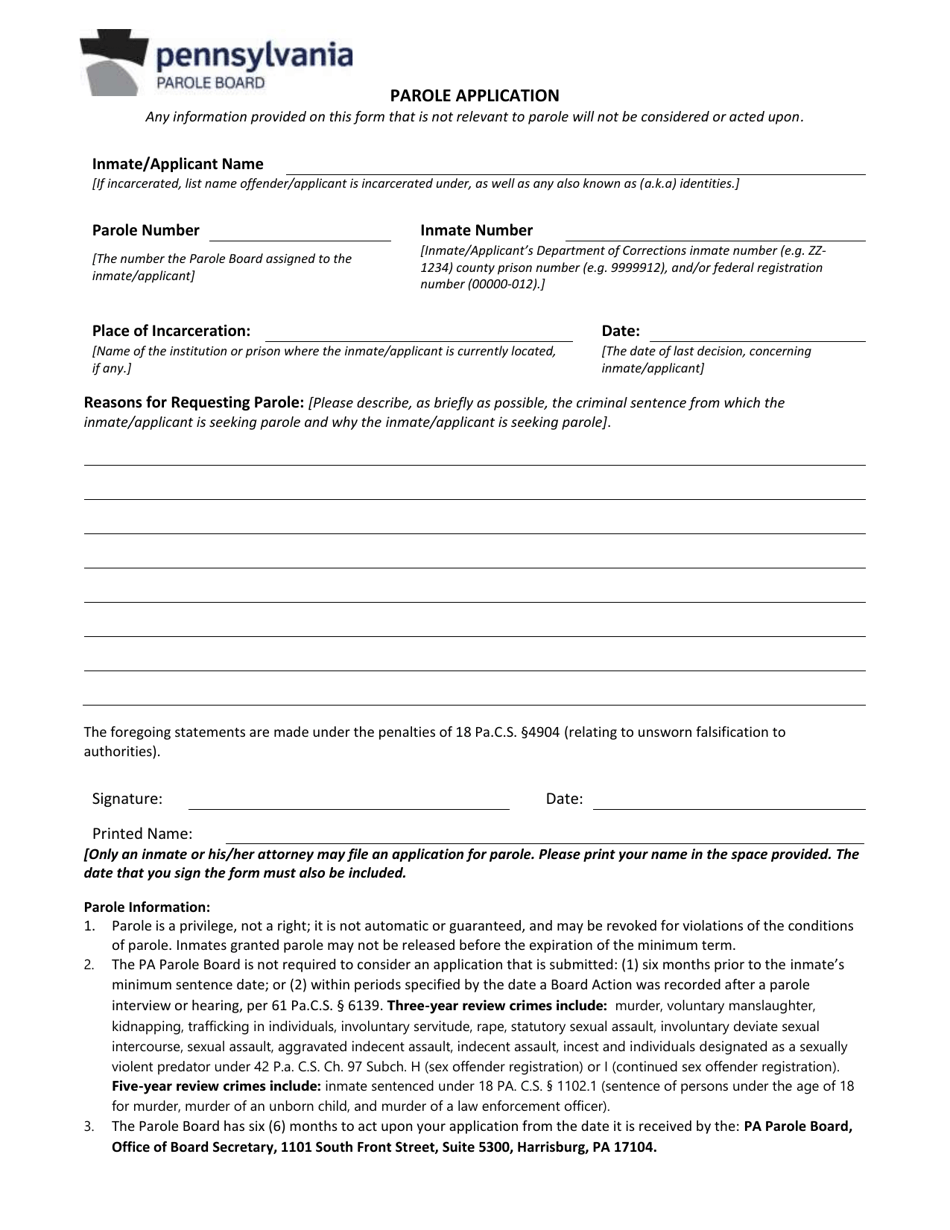 Parole Application - Pennsylvania, Page 1