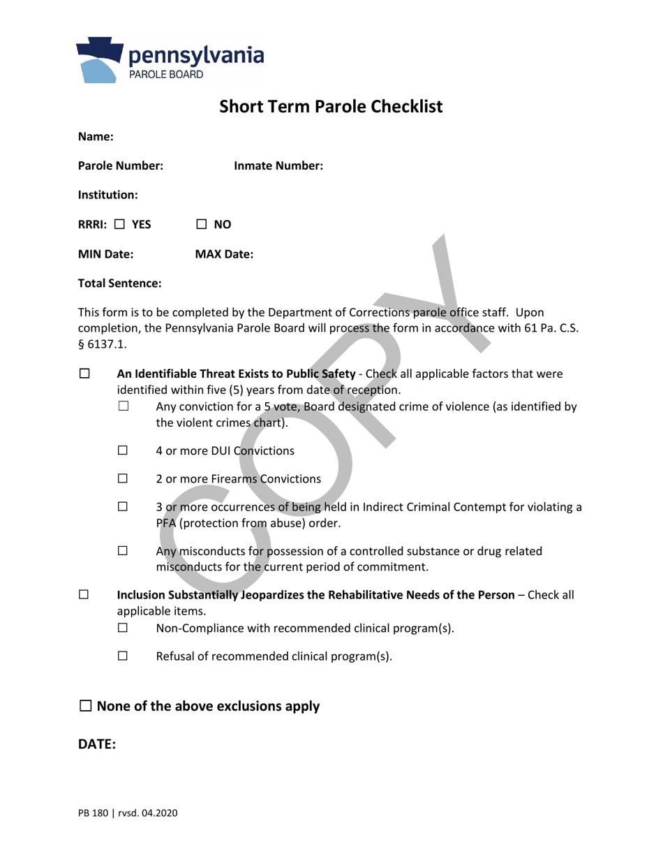 Form PB180 Short Term Parole Checklist - Pennsylvania, Page 1