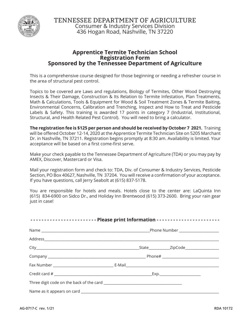 Form AG-0717-C Apprentice Termite Technician School Registration Form - Tennessee, Page 1