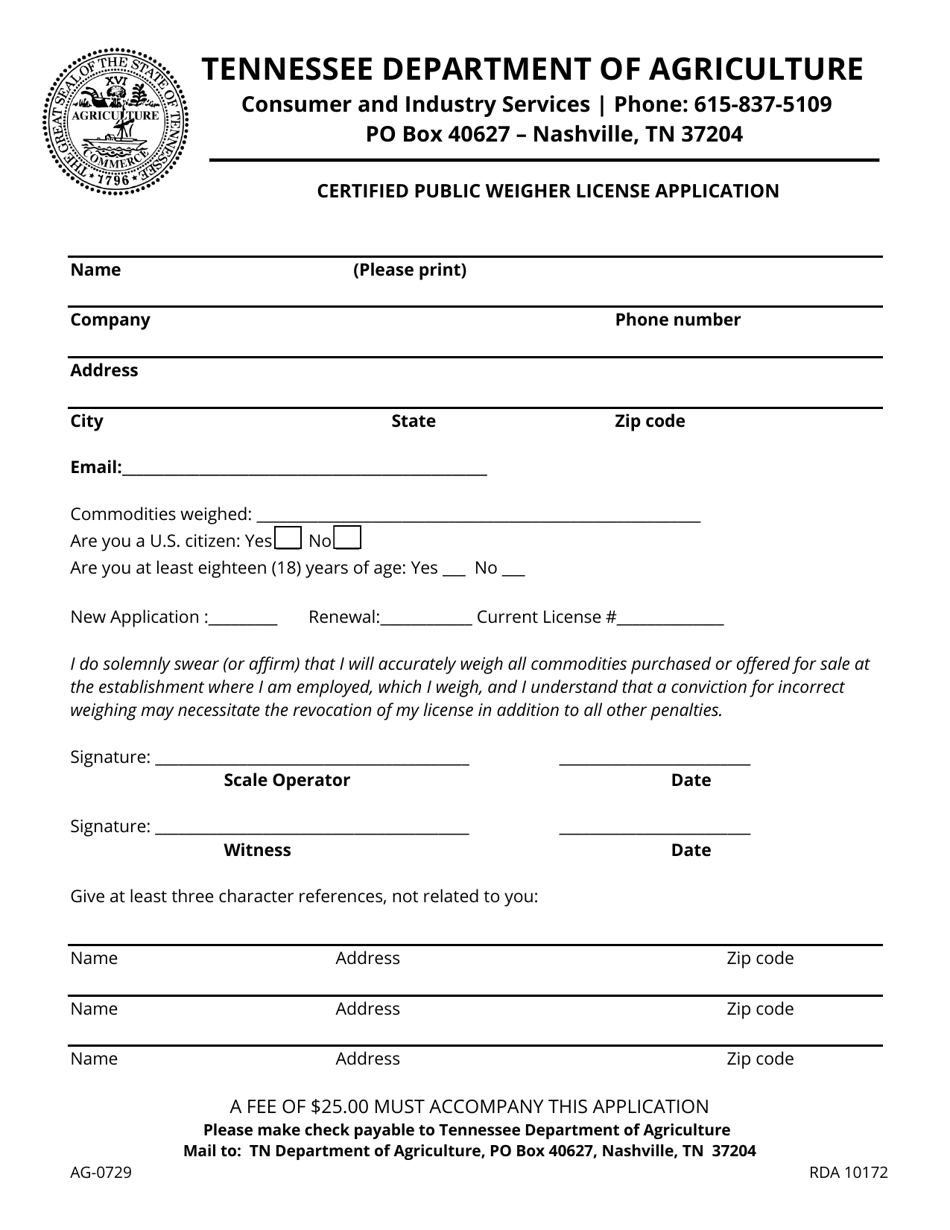 Form AG-0729 Certified Public Weigher License Application - Tennessee, Page 1