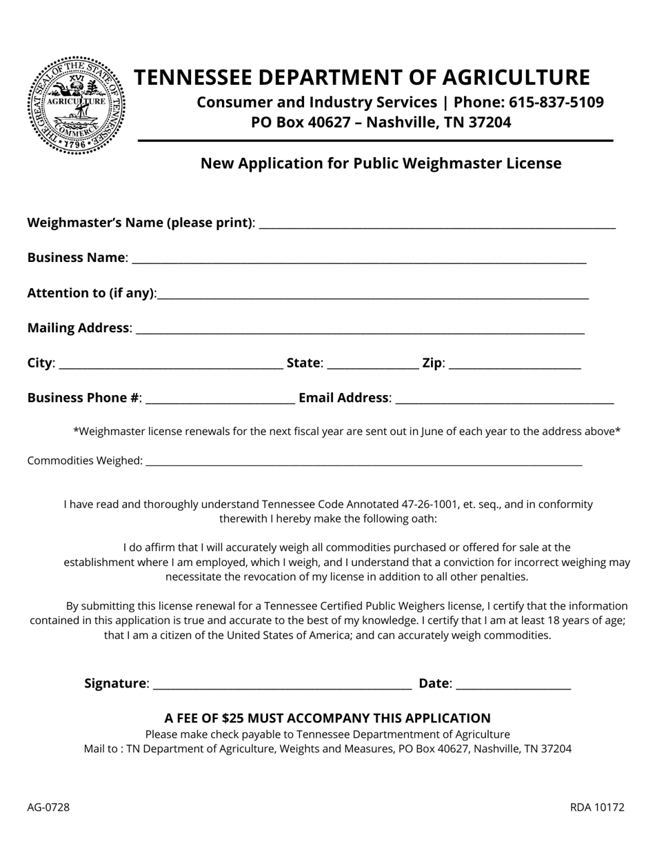 Form AG-0728 New Application for Public Weighmaster License - Tennessee, Page 1
