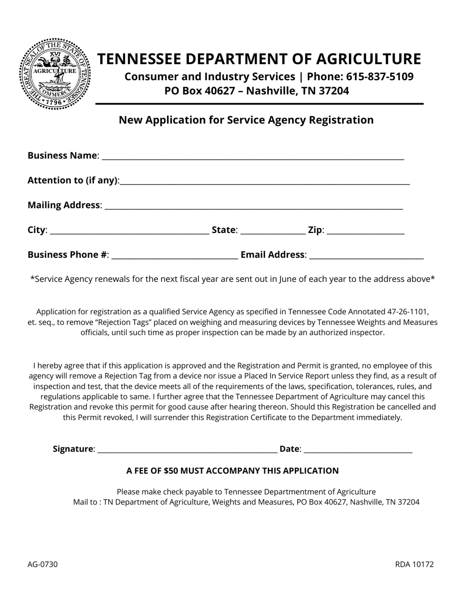 Form AG-0730 New Application for Service Agency Registration - Tennessee, Page 1