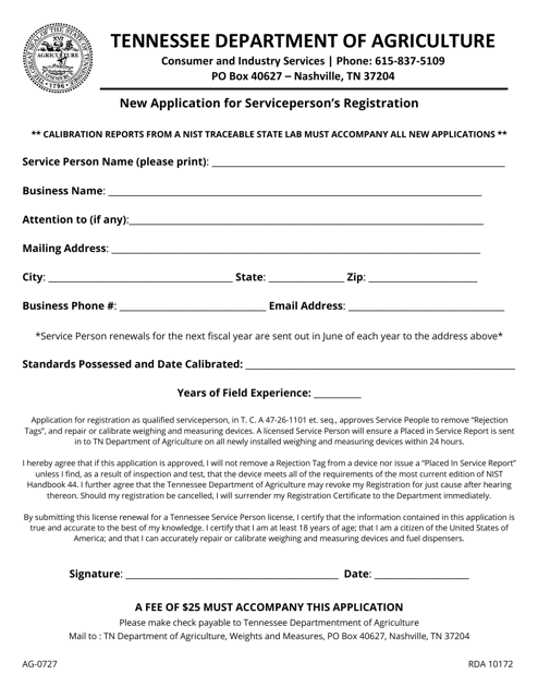 Form AG-0727 New Application for Serviceperson's Registration - Tennessee