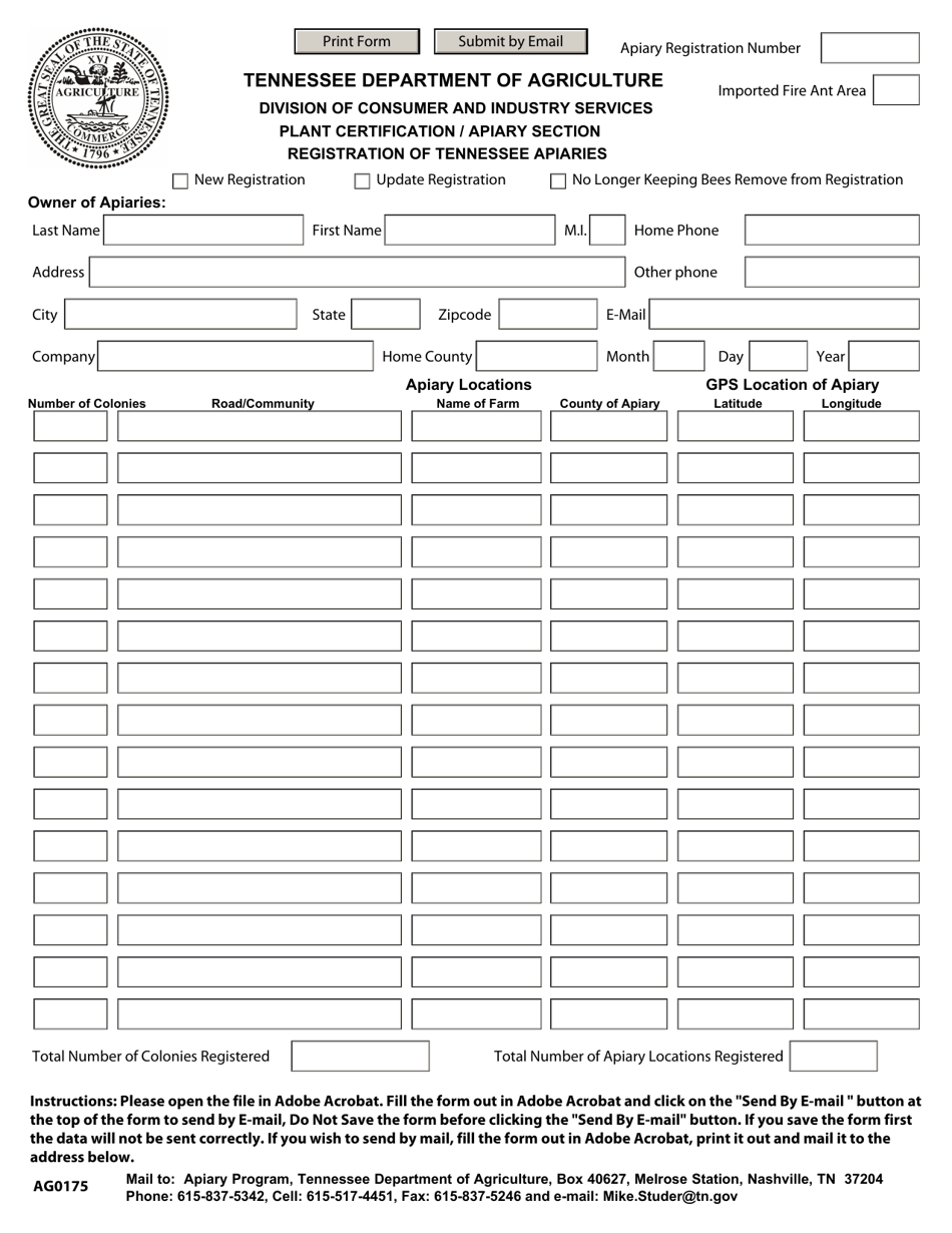 Form AG0175 Registration of Tennessee Apiaries - Tennessee, Page 1