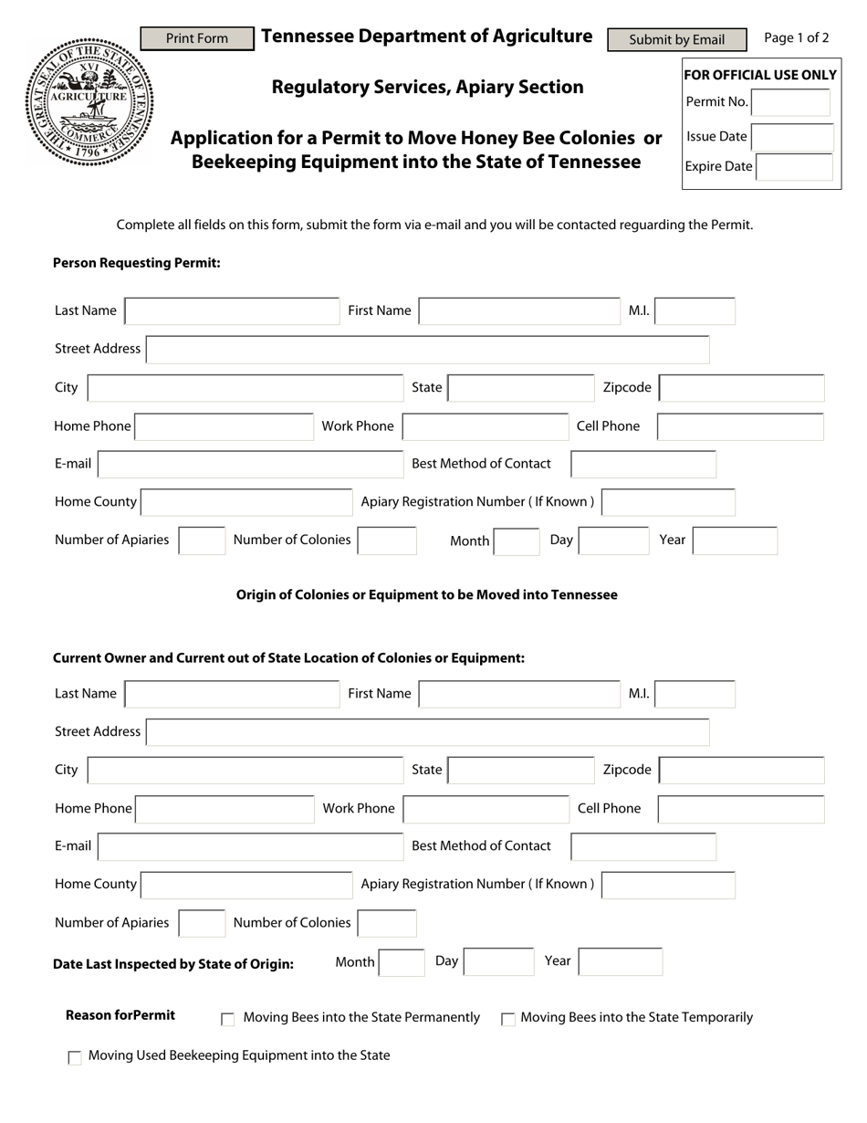 Application for a Permit to Move Honey Bee Colonies or Beekeeping Equipment Into the State of Tennessee - Tennessee, Page 1