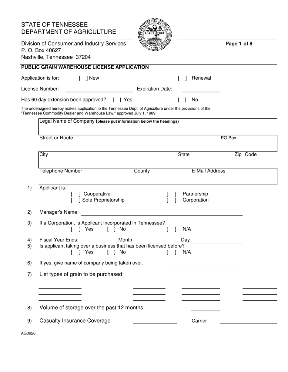 Form AG0626 Public Grain Warehouse License Application - Tennessee, Page 1
