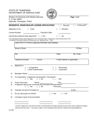 Form AG-0625 &quot;Incidental Grain Dealer License Application&quot; - Tennessee