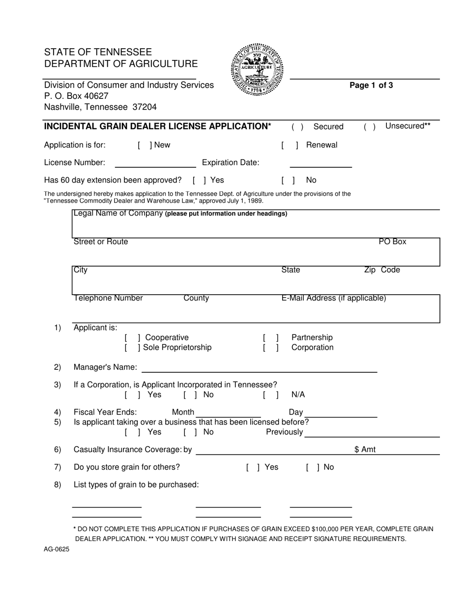 Form AG-0625 Incidental Grain Dealer License Application - Tennessee, Page 1