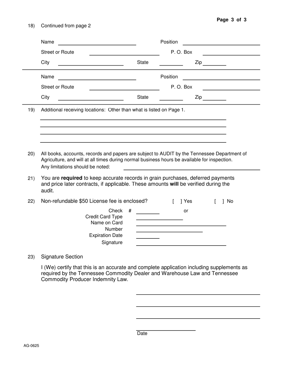 Form AG-0625 Incidental Grain Dealer License Application - Tennessee, Page 3