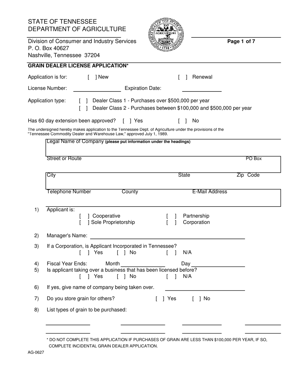 Form AG-0627 Grain Dealer License Application - Tennessee, Page 1